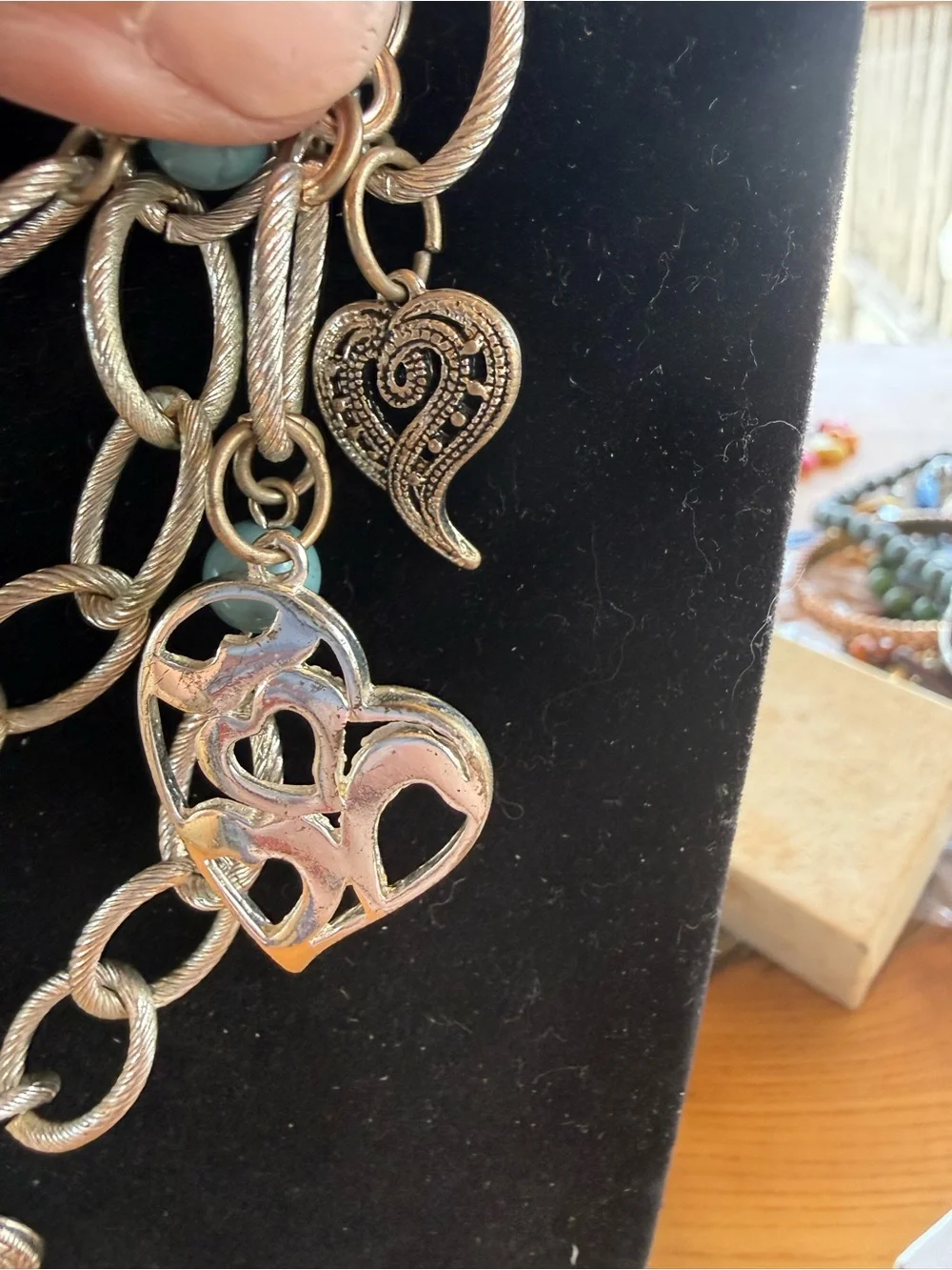Gold-Tone Multi Strand Heart Charm Necklace with blue Beads